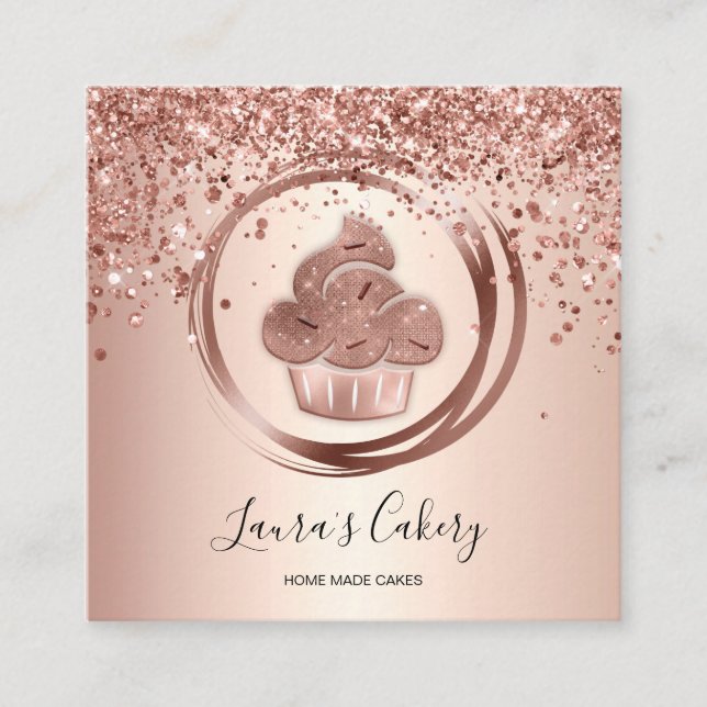 Cupcake Bakery Pastry Chef Glitter Drips Rose Gold Square Business Card (Front)