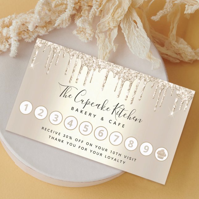 Cupcake Bakery Pastry Chef Gold Glitter Drips Loyalty Card (Creator Uploaded)