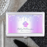 Cupcake Bakery Pastry Chef Purple Glitter Drips Business Card Holder<br><div class="desc">Here’s a wonderful, trendy way to show off your brand. Present your best self to your clients, with this elegant, sophisticated, simple, and modern custom name business card holder. A sparkly, purple pink blue ombre cupcake, script handwritten typography and glitter drips overlay a faux metallic purple blue ombre background. Personalize...</div>