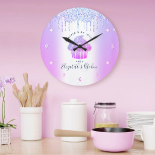 Cupcake Bakery Pastry Chef Purple Glitter Drips Large Clock
