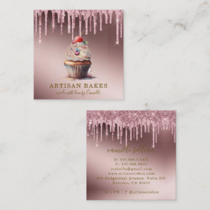 Cupcake Bakery Pastry Chef Rose Gold Glitter Drips Square Business Card