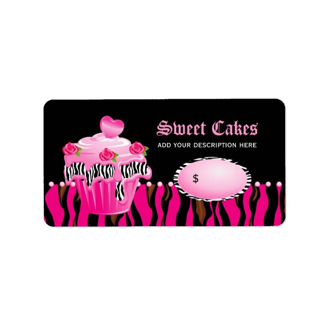 Cupcake bakery price label tiger rose pink black (Front)
