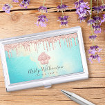Cupcake Bakery Rose Gold Glitter Drips Turquoise  Business Card Holder<br><div class="desc">Here’s a wonderful, trendy way to show off your brand. Present your best self to your clients, with this elegant, sophisticated, simple, and modern custom name business card holder. A sparkly, rose gold cupcake, glitter drips, and handwritten typography overlay a turquoise blue and light gold watercolor background. Personalize with your...</div>