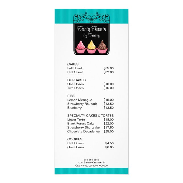 Cupcake Bakery Shop Sign Promotional Price List Rack Card (Front)