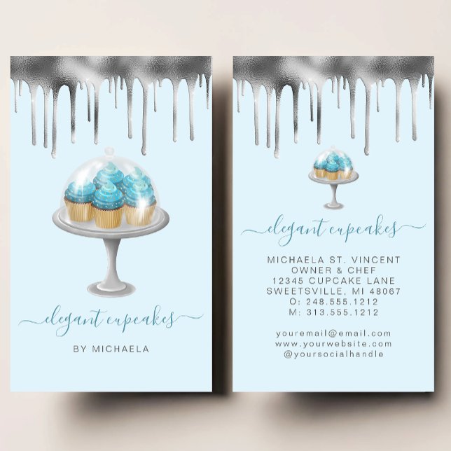 Cupcake Bakery Teal Faux Silver Foil Drip Business Card (Creator Uploaded)