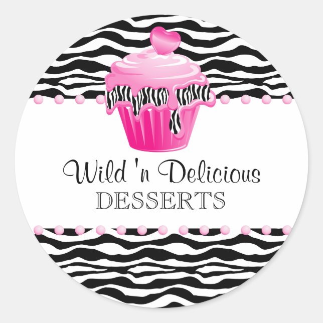 Cupcake Bakery Zebra Cupcake Pink Classic Round Sticker (Front)