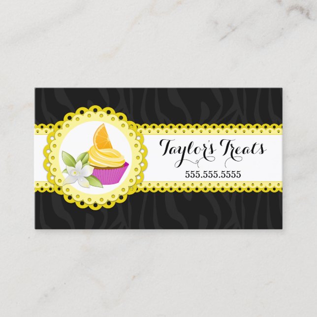 Cupcake Bakery Zebra Yellow Scalloped Border Business Card (Front)