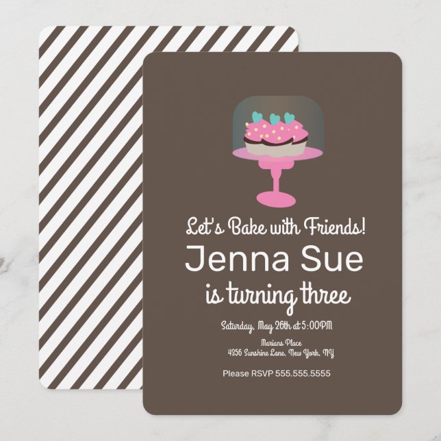 Cupcake Baking 3rd Birthday Party Cake Stand Invitation (Front/Back)