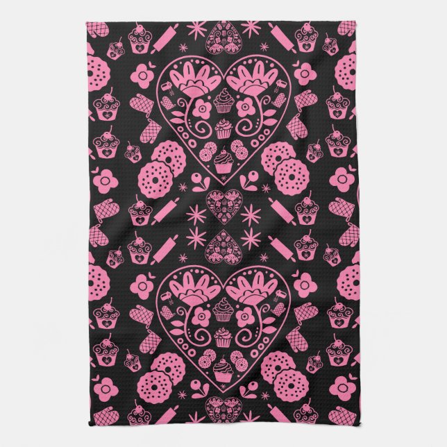 Cupcake Baking Folk Art Kitchen Towel (Vertical)