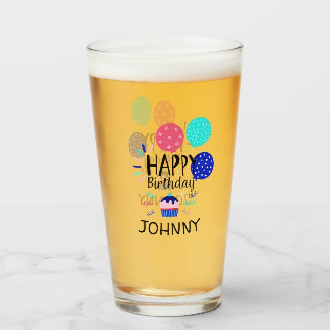 Cupcake & Balloons Happy Birthday Text  - Glass (Front Filled)