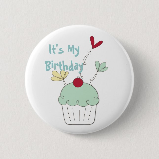 Cupcake birthday badge with cherry and flowers 2 inch round button (Front)