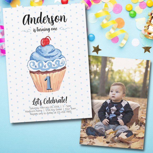 Cupcake Blue Boy Photo 1st Birthday Party Invitation (Creator Uploaded)