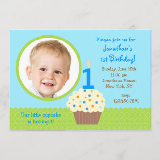 cupcake Boy Photo Birthday  Invitations