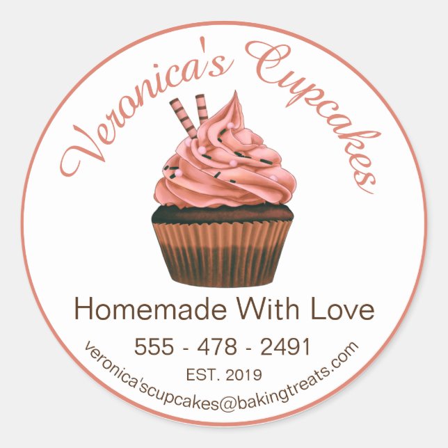 Cupcake Brown With Contact Details Classic Round Sticker (Front)