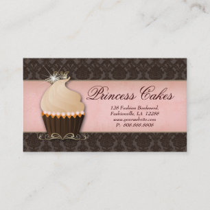 Cupcake Business Card Crown Pink Brown Damask