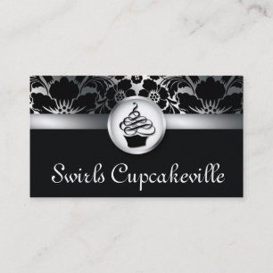 Cupcake Business Card Floral Damask Silver