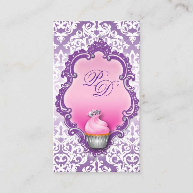 Cupcake Business Card Retro Damask Pink Purple (Front)