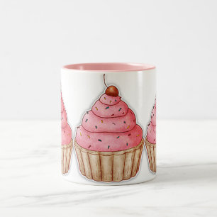 Cupcake Caffee Mug, Tasty Cherry Cupcakes Two-Tone Coffee Mug