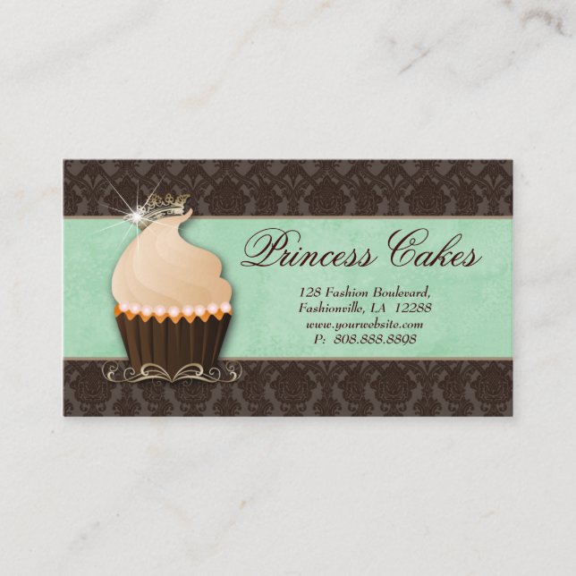 Cupcake Carte de visite Couronne Mint Brown Damask (Devant)