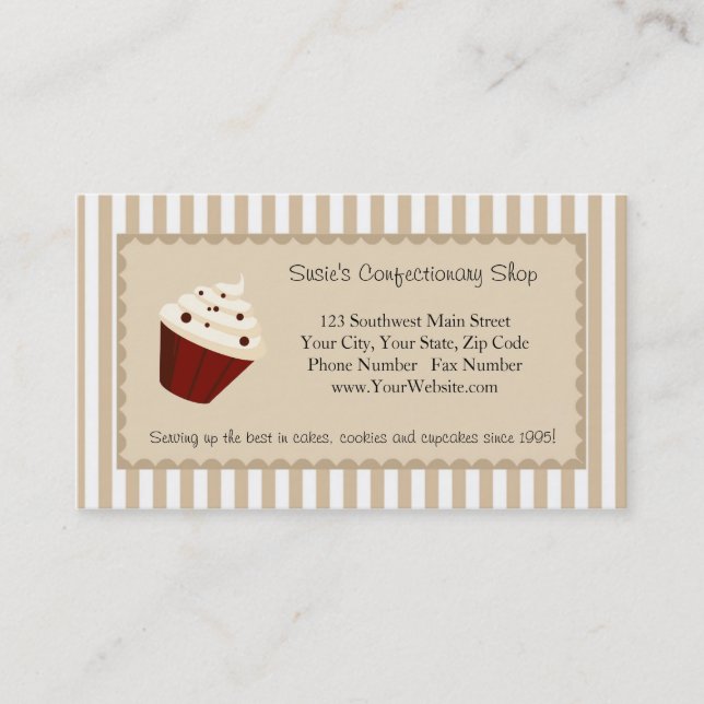 Cupcake Custom Logo, Soft Mocha Stripes Business Card (Front)