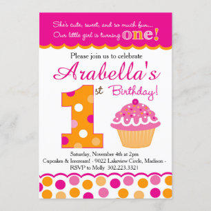 Cupcake Cutie Pie (Pink & Orange) First Birthday Invitation