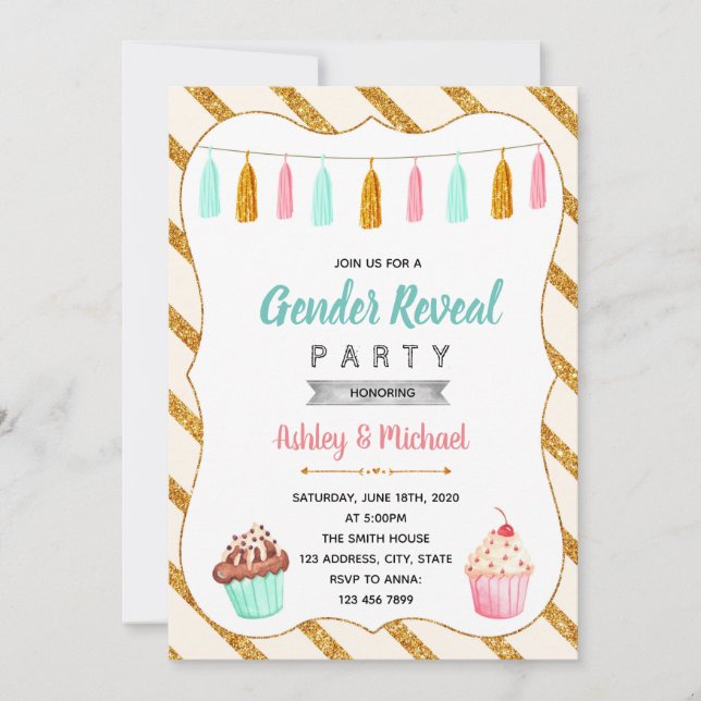 Cupcake gender reveal party invitation (Front)