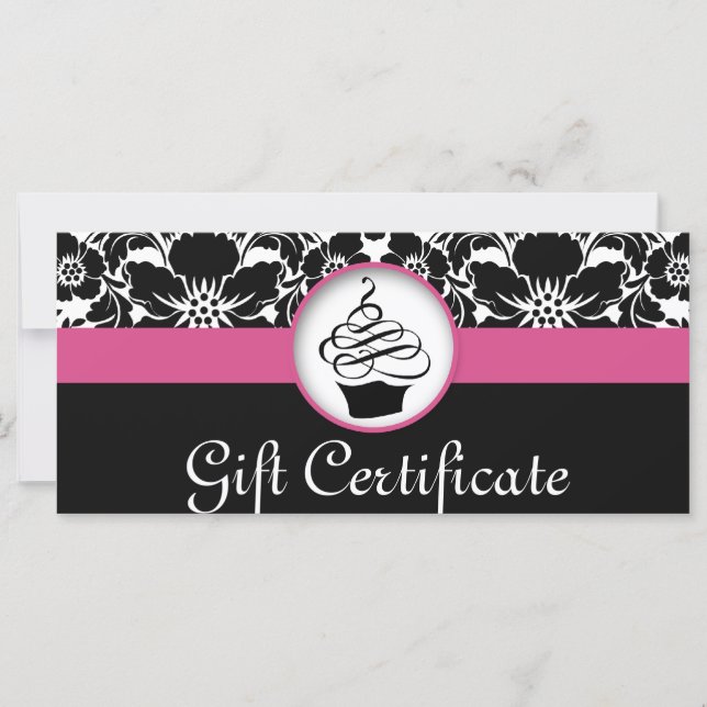 Cupcake Gift Certificate Floral Damask Pink Black (Front)