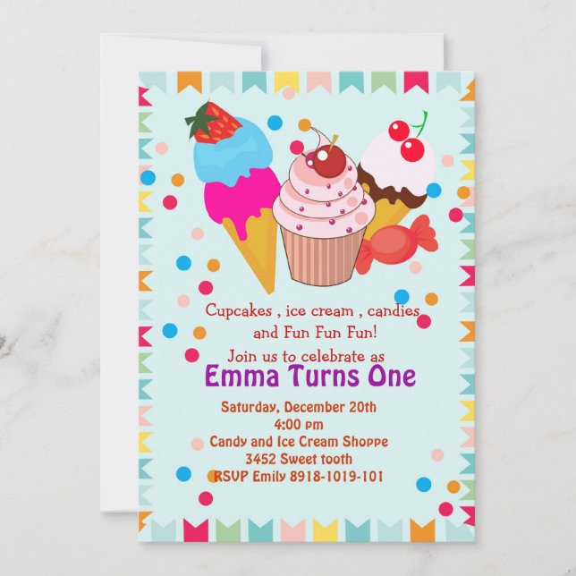 Cupcake glecream bonbons anniversaire invitation (Devant)