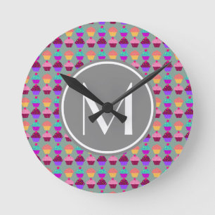 Cupcake Gray Monogram Gifts Round Clock