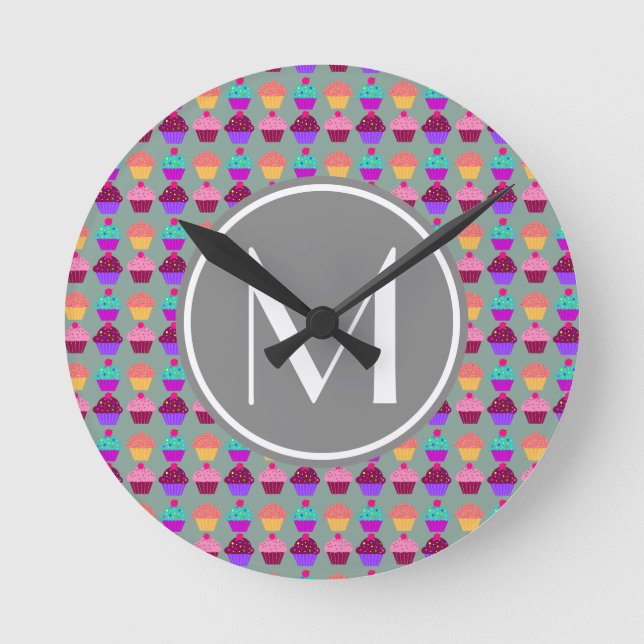 Cupcake Grey Monogram Gifts Round Clock (Front)