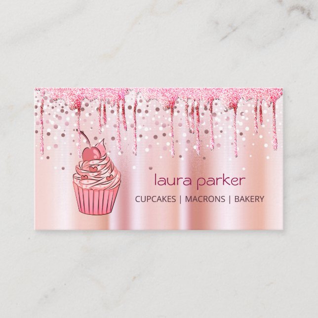 Cupcake Home Bakery Pastry Rose Gold Dripping Busi Business Card (Front)
