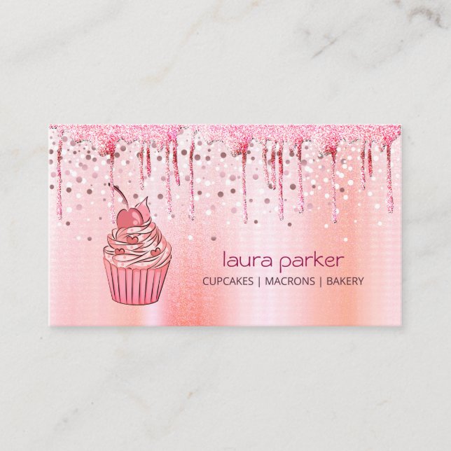 Cupcake Home Bakery Pastry Rose Gold Dripping Business Card (Front)