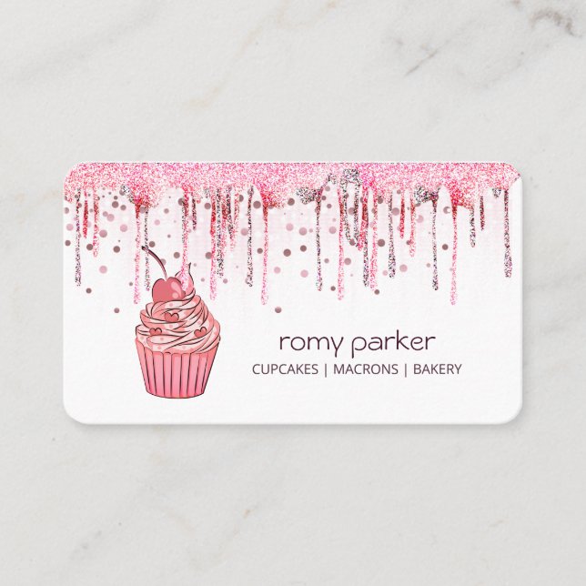 Cupcake Home Bakery Pastry Rose Gold Dripping Business Card (Front)