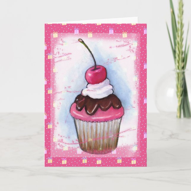 Cupcake in Pastel on Pink Background Card (Front)