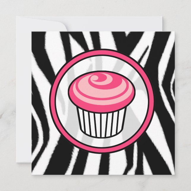 Cupcake Invitation - Zebra Print / Pink & Black (Front)