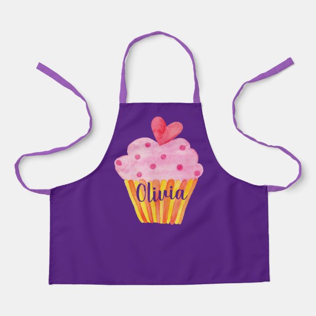 Cupcake NAME baking apron purple watercolor (Front)