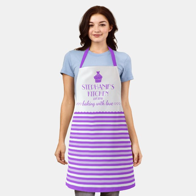Cupcake Name Baking With Love Stripe Purple Apron (Worn)