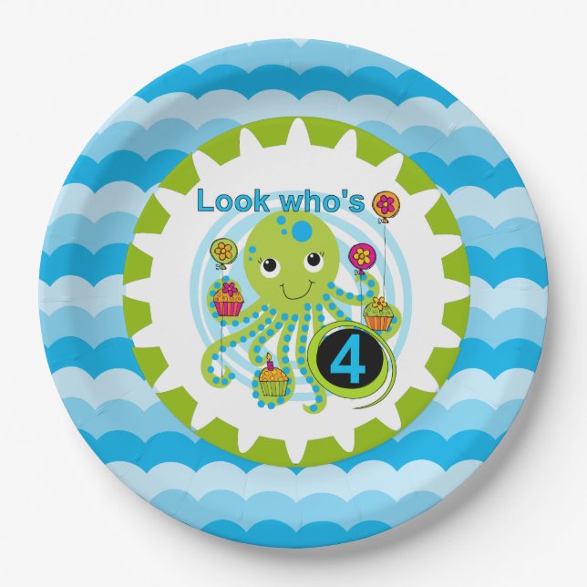 Cupcake Octopus 4th Birthday Paper Plates (Front)