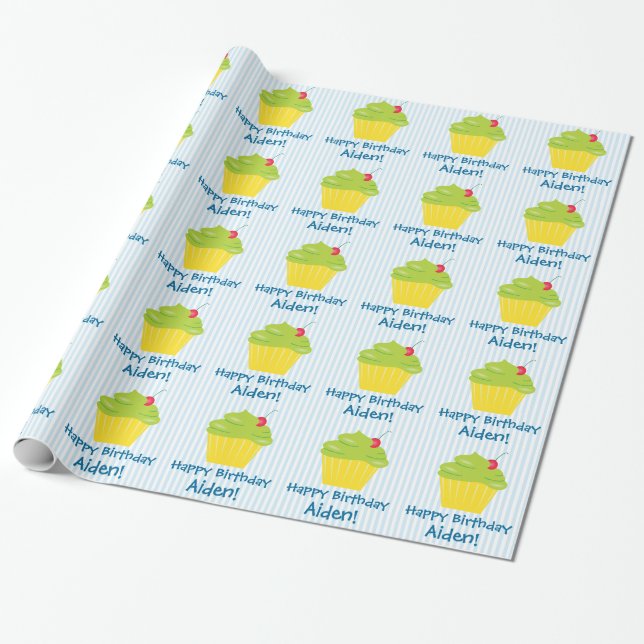 Cupcake on Blue Stripes Child's Birthday Wrapping Paper (Unrolled)