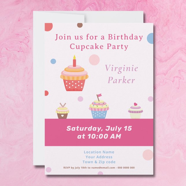 Cupcake Party rose Anniversaire Invitation (Cupcake Party Pink Birthday Invitation - Back)