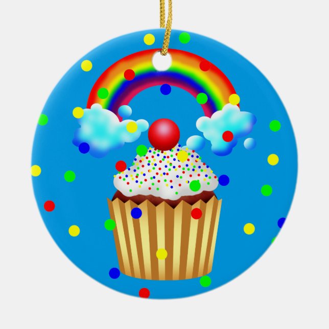 Cupcake Party with Rainbow & Sprinkles Ceramic Ornament (Front)