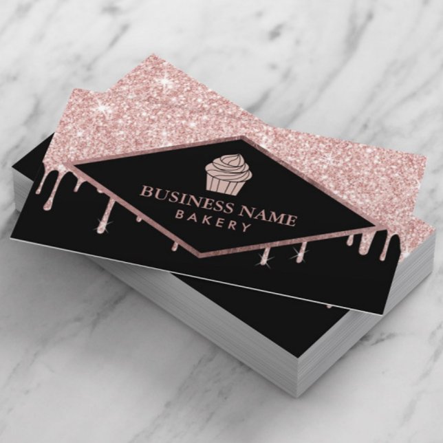 Cupcake Pastry Cake Bakery Rose Gold Glitter Drips Business Card (Creator Uploaded)