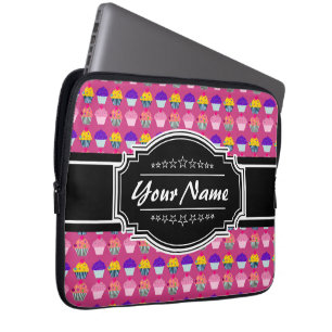 Cupcake Pattern Black Personalized Name Laptop Sleeve