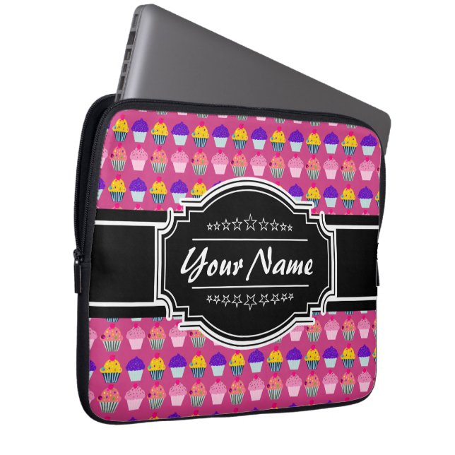 Cupcake Pattern Black Personalized Name Laptop Sleeve (Front Right)