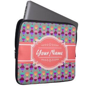 Cupcake Pattern Coral Personalized Name Laptop Sleeve