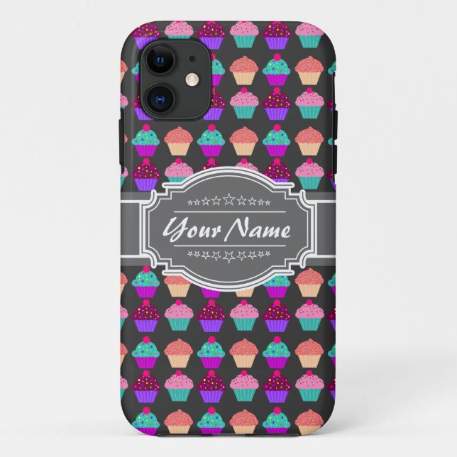 Cupcake Pattern Grey Personalized Name Case-Mate iPhone Case (Back)