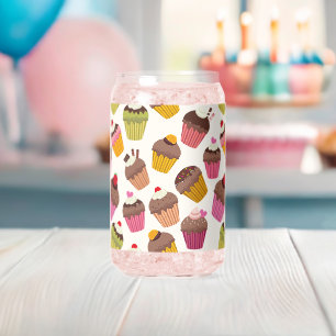 Cupcake Pattern, Muffin Pattern, Chocolate, Hearts Can Glass