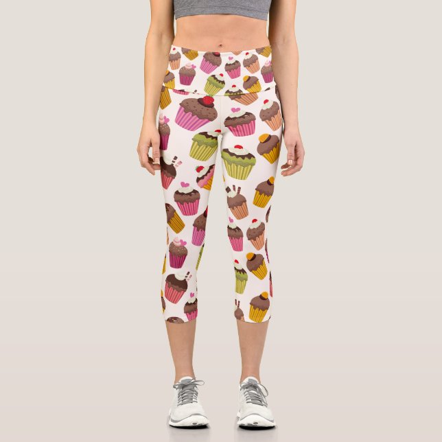 Cupcake Pattern, Muffin Pattern, Chocolate, Hearts Capri Leggings (Front)