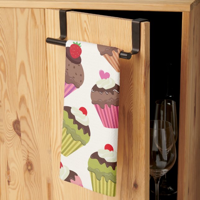 Cupcake Pattern, Muffin Pattern, Chocolate, Hearts Kitchen Towel (Thirds Fold)