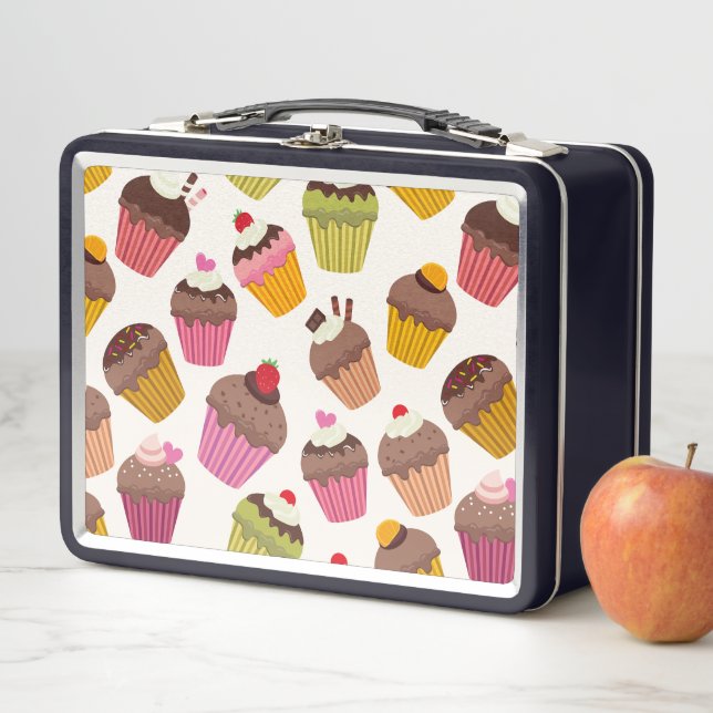 Cupcake Pattern, Muffin Pattern, Chocolate, Hearts Metal Lunch Box (In Situ)